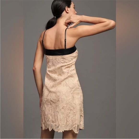 NWT Maeve by Anthropologie beige lace mini dress black leather trim US 12 - Picture 3 of 11